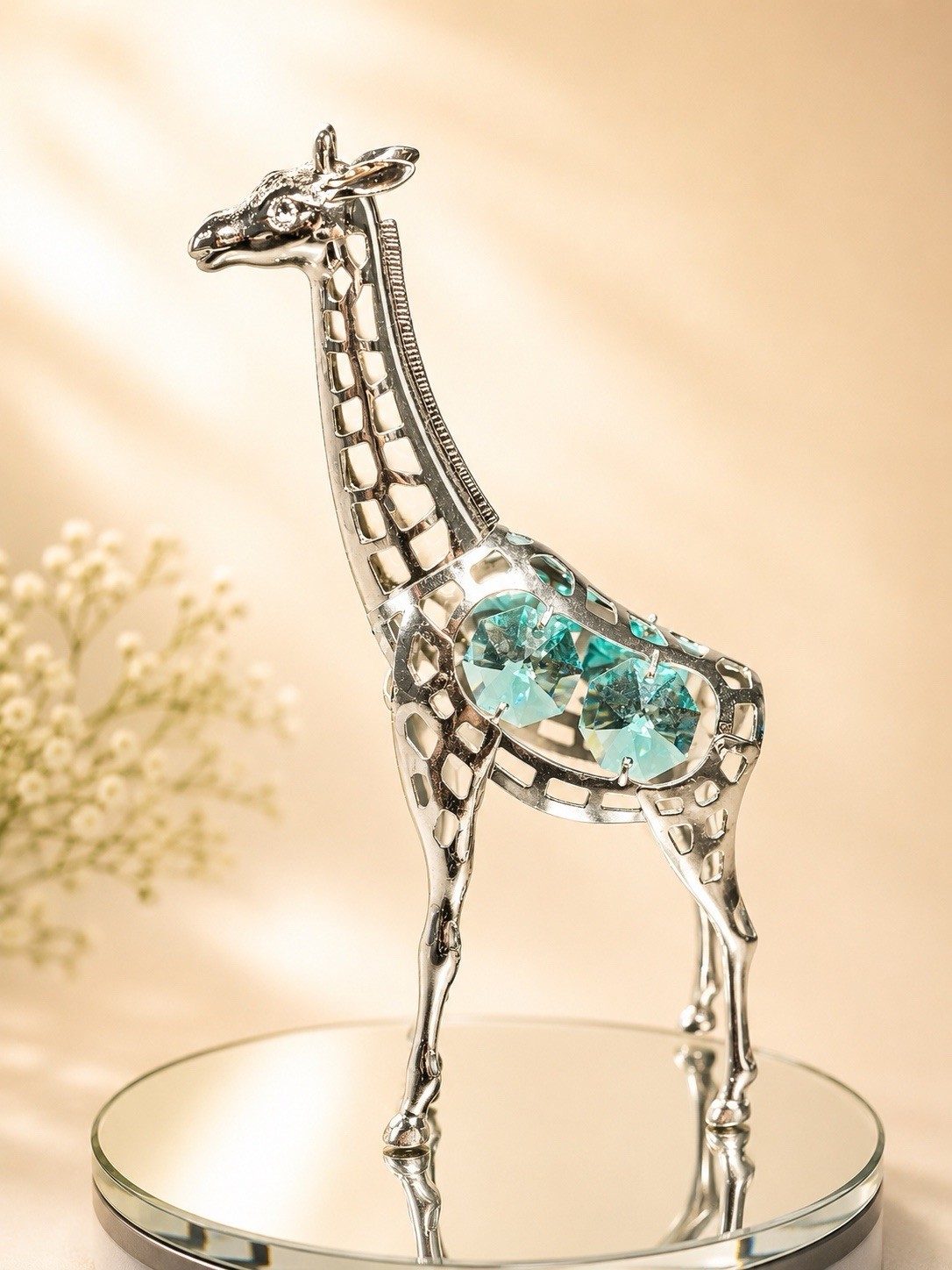 Silver Plated Filigree Giraffe Figurine Swarovski Crystal Elements Aqua, 5”