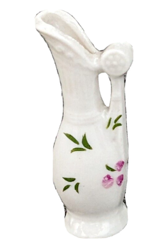Green and pink floral white miniature tall porcelain ceramic pitcher 2 5/8 in h
