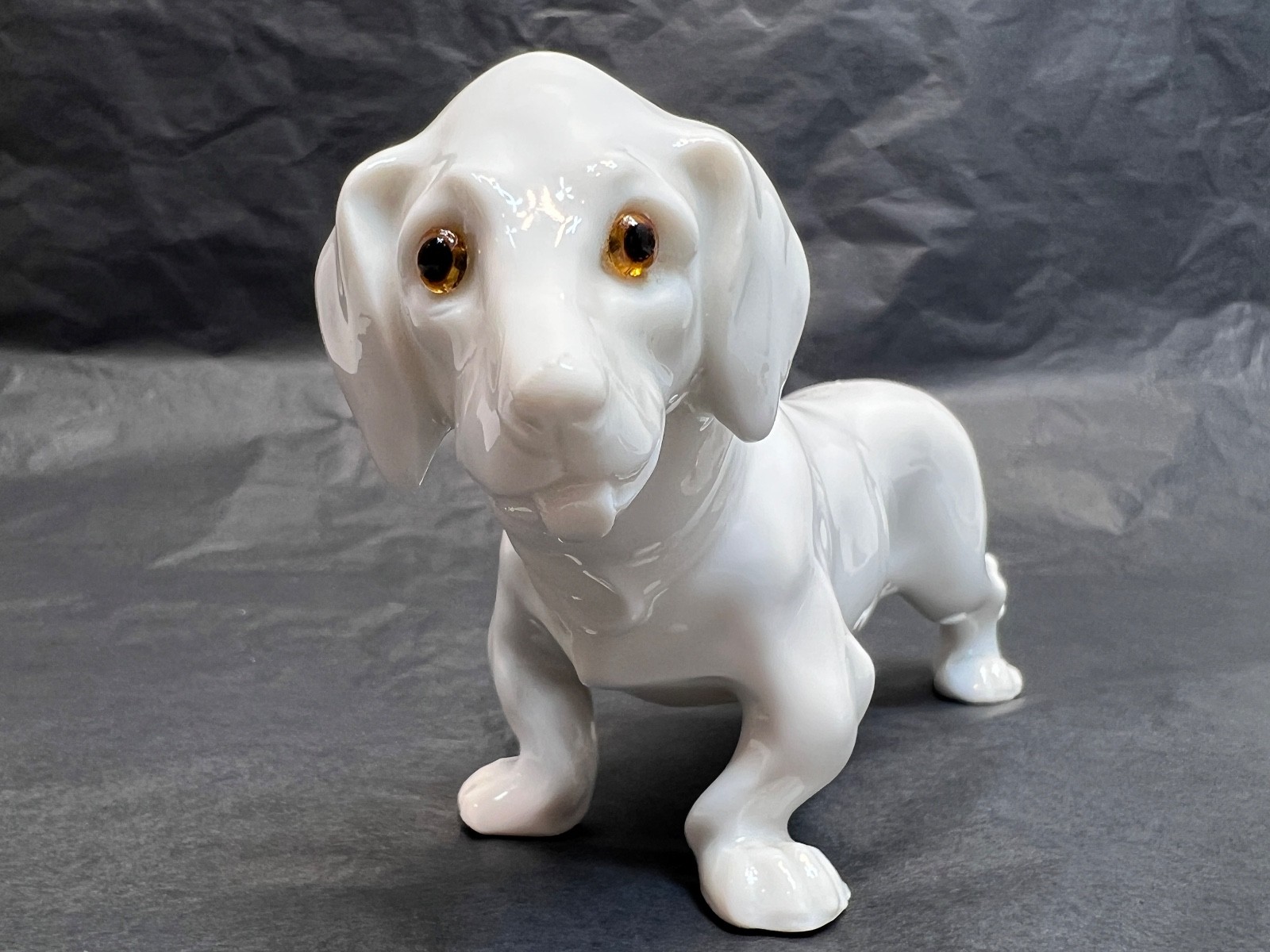 Antique German Gebruder Heubach Porcelain Figurine Dachshund Dog Glass Eyes