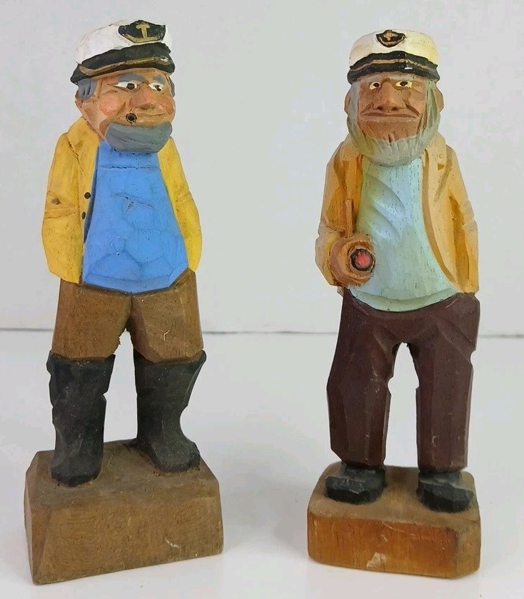 Vintage Hand Carved Wood Sea Captain Figurines Pair Nautical Sailor Old Salt Art