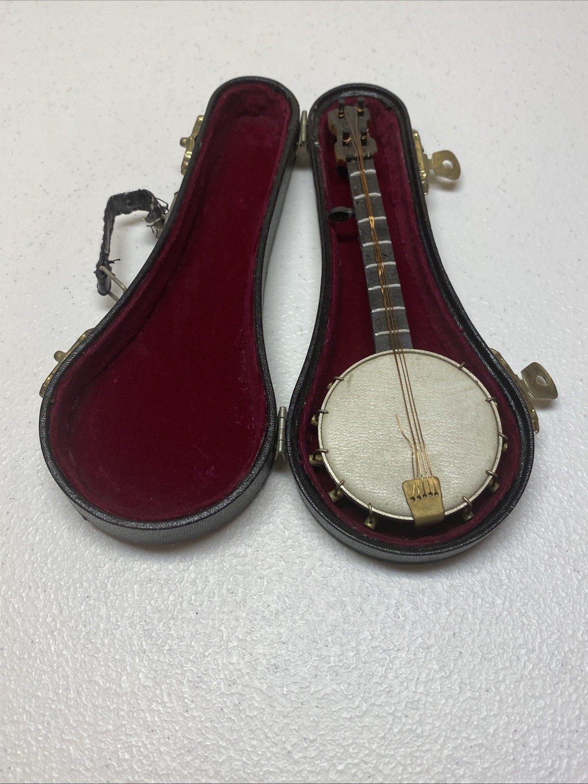 Miniature Banjo Replica In Velvet Lined leather Case 7 1/4 In
