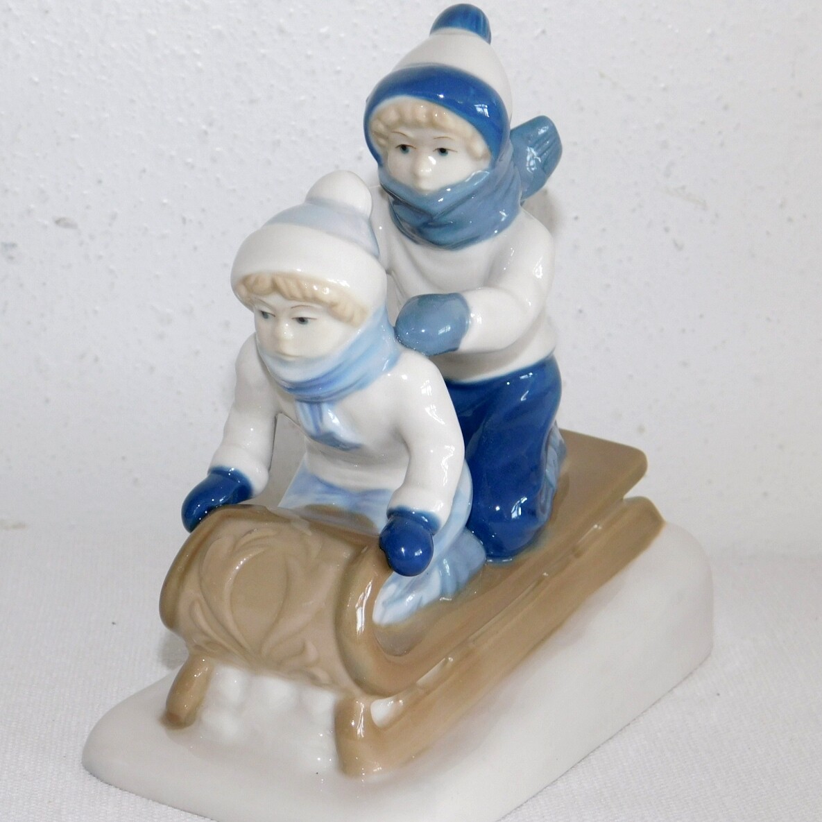 1992 Vintage Paul Sebastian Porcelain Figurine Boy & Girl on Sled Sledding 6″