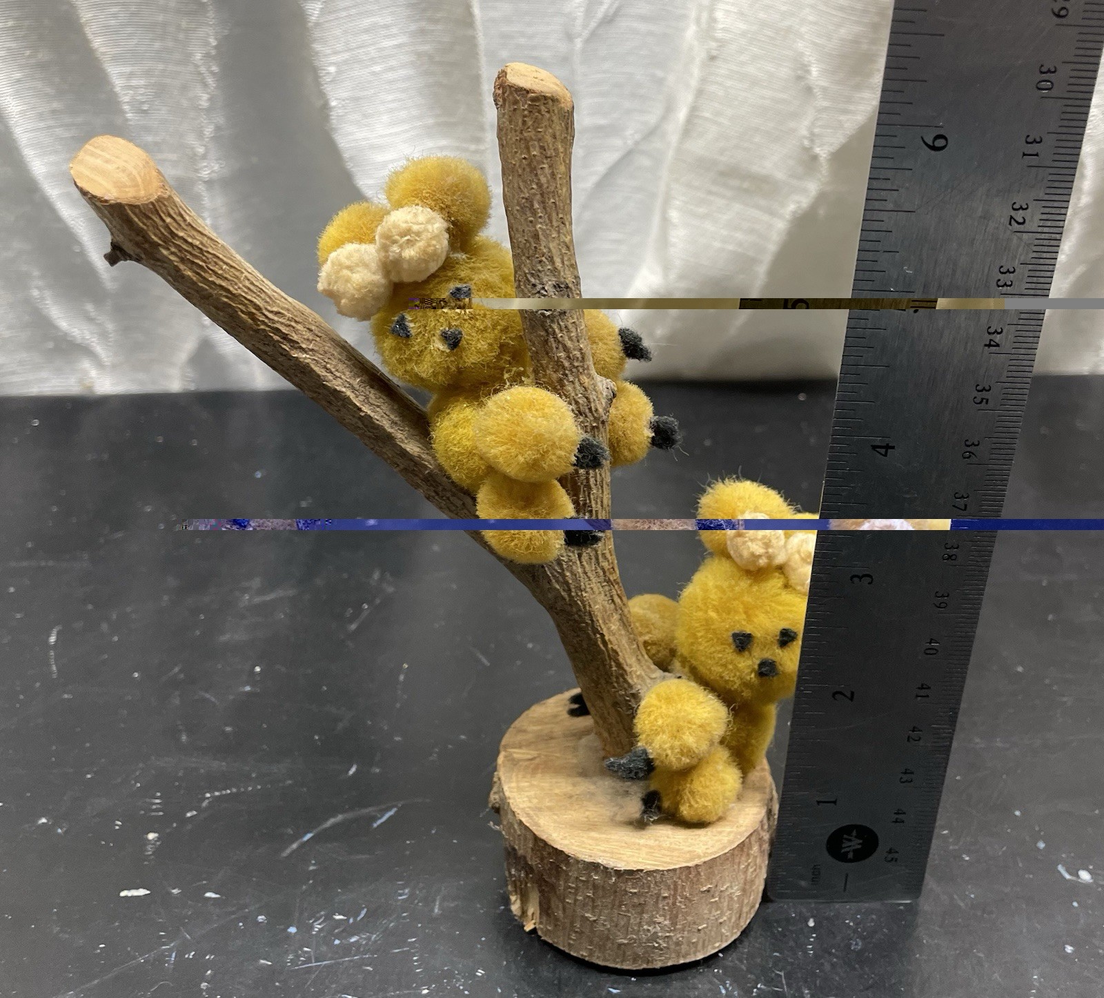 Handcrafted Miniature Animals/ Pompoms Made, Claiming a Branch, Mofy Rabbit