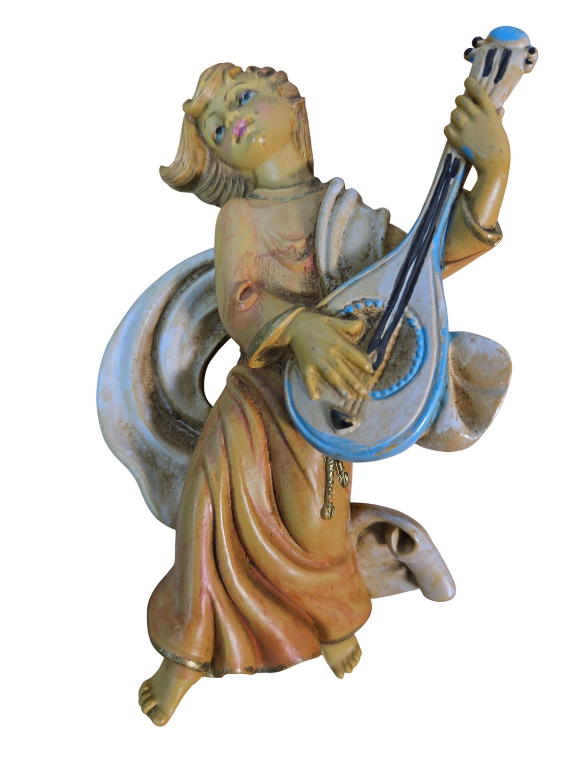 Cherub Angel Wall Hanging Figurine Playing Lute Mandolin Baroque Style Plaster