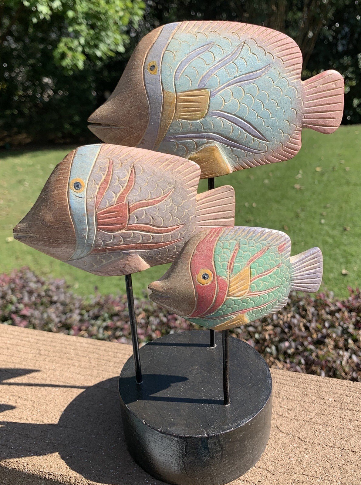 Vintage Handcarved 3 Pastel Wooden Fish Marine Figurine on Wood Base, Thailand