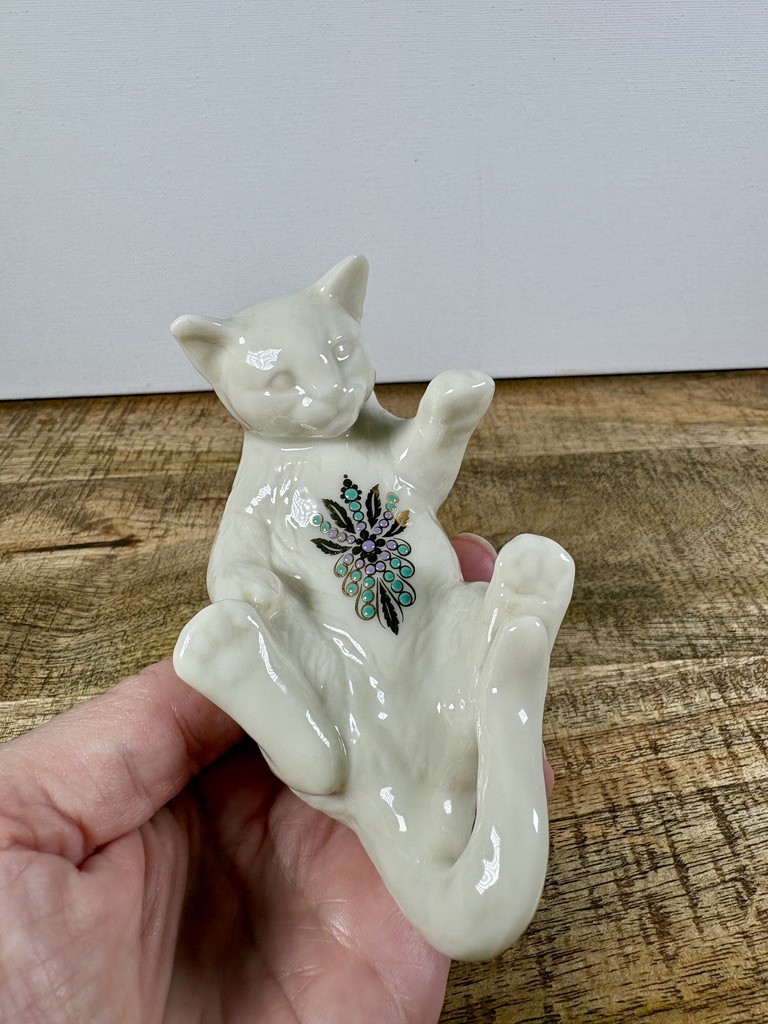 Lenox China Jewels Cat Figurine White Porcelain Jeweled Kitty Made USA Vintage