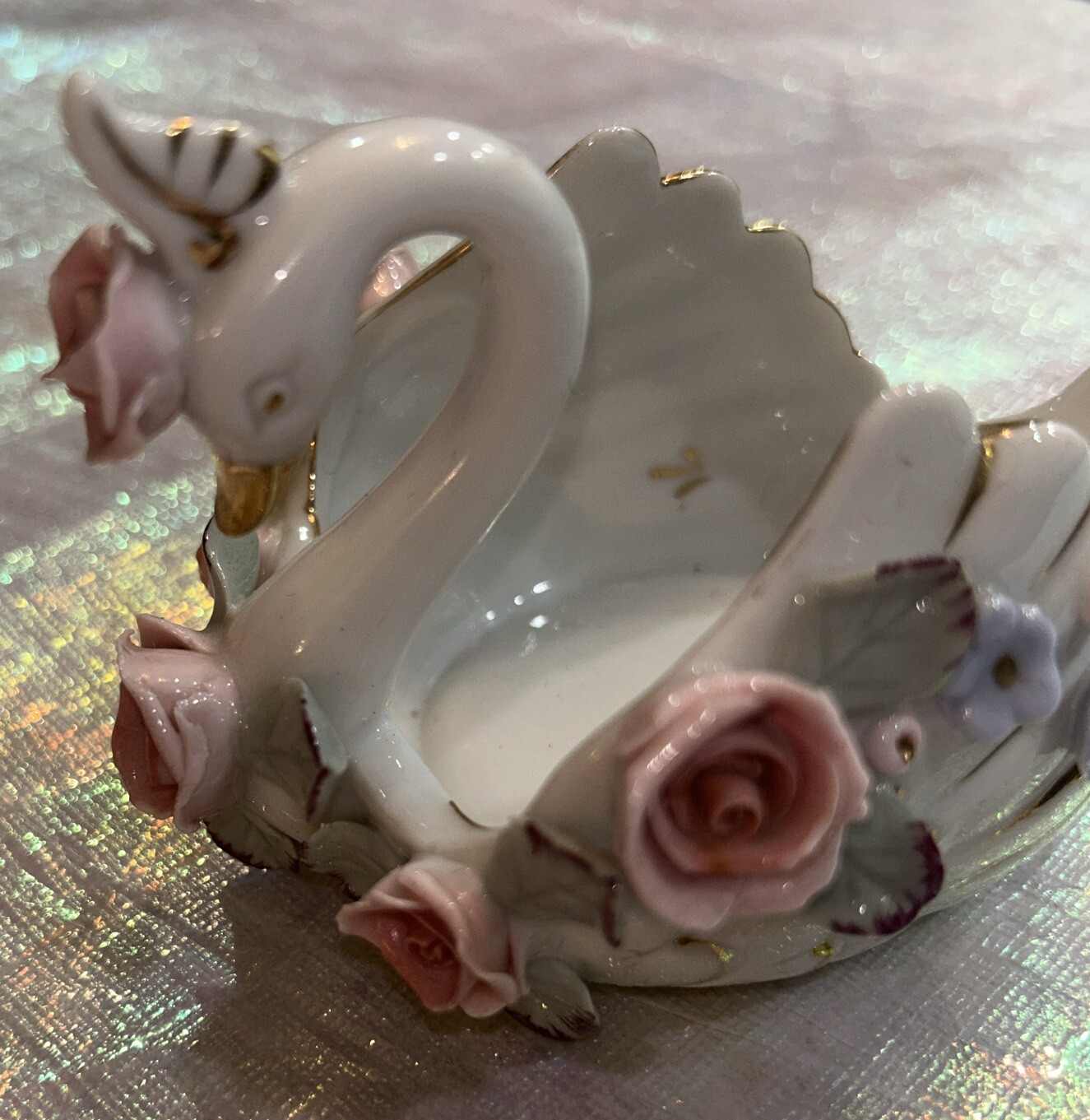 Vintage Occupied Japan Swan Trinket Dish with Flowers