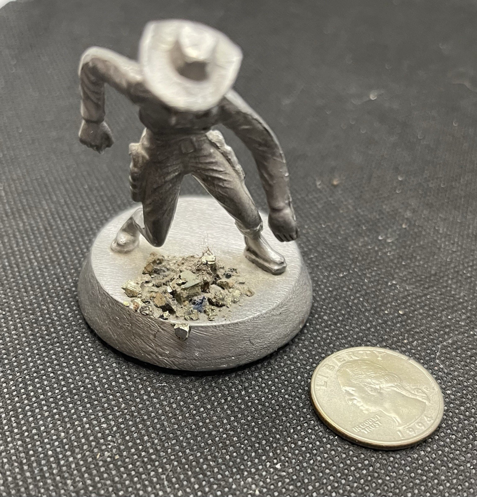 Metal Cowboy Gold Miner Prospector Statue Pewter? Cast 3” H Gold Nuggets Base