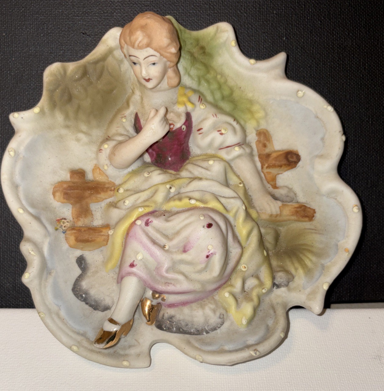 ANTIQUE Porcelain Wall Plaque Figurine Of A Woman Made In Japan 6” X 6”