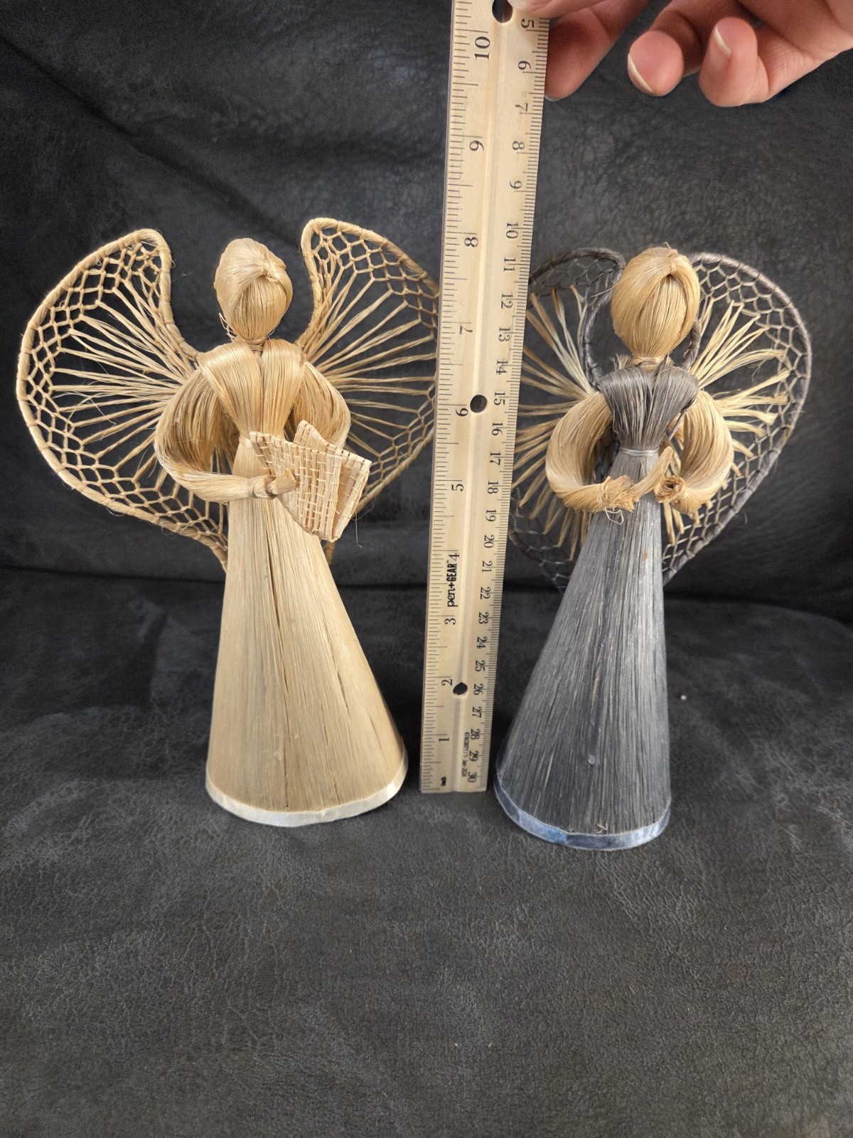 ​2 Vtg Straw Angel Figurines Philippines Handcrafted Praying & Book 9” Natural