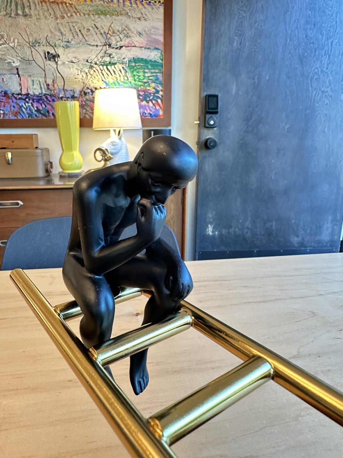 Man On The Stairs Thinking Man, Magnetic, Gold Metal, Movable, Balanced, Sturdy