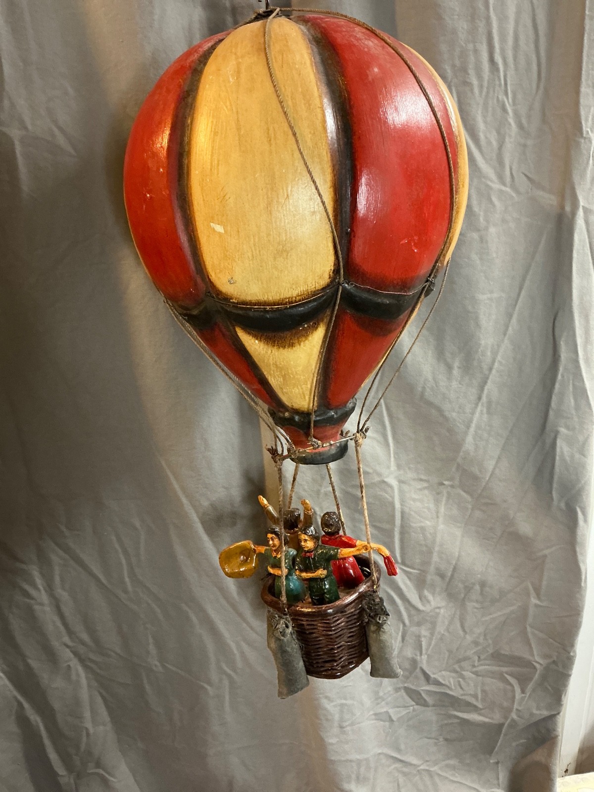 Vintage Folk Art Huge 24″ Hot Air Balloon Four People Wicker Basket MCM Hanging