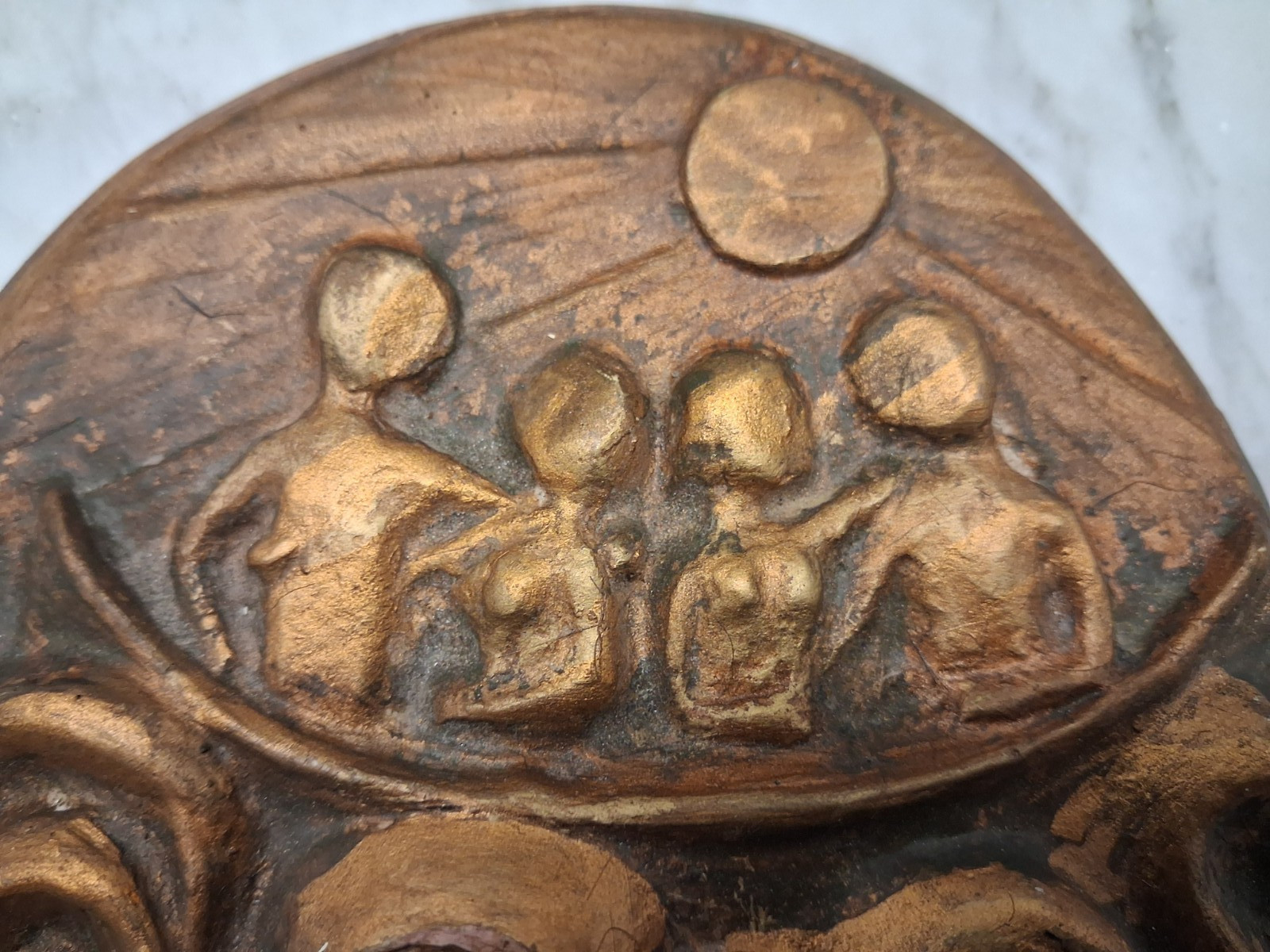MCM Gold Gilt Painted 3D Relief Chalkware People Organic Modernism Wall Hanging