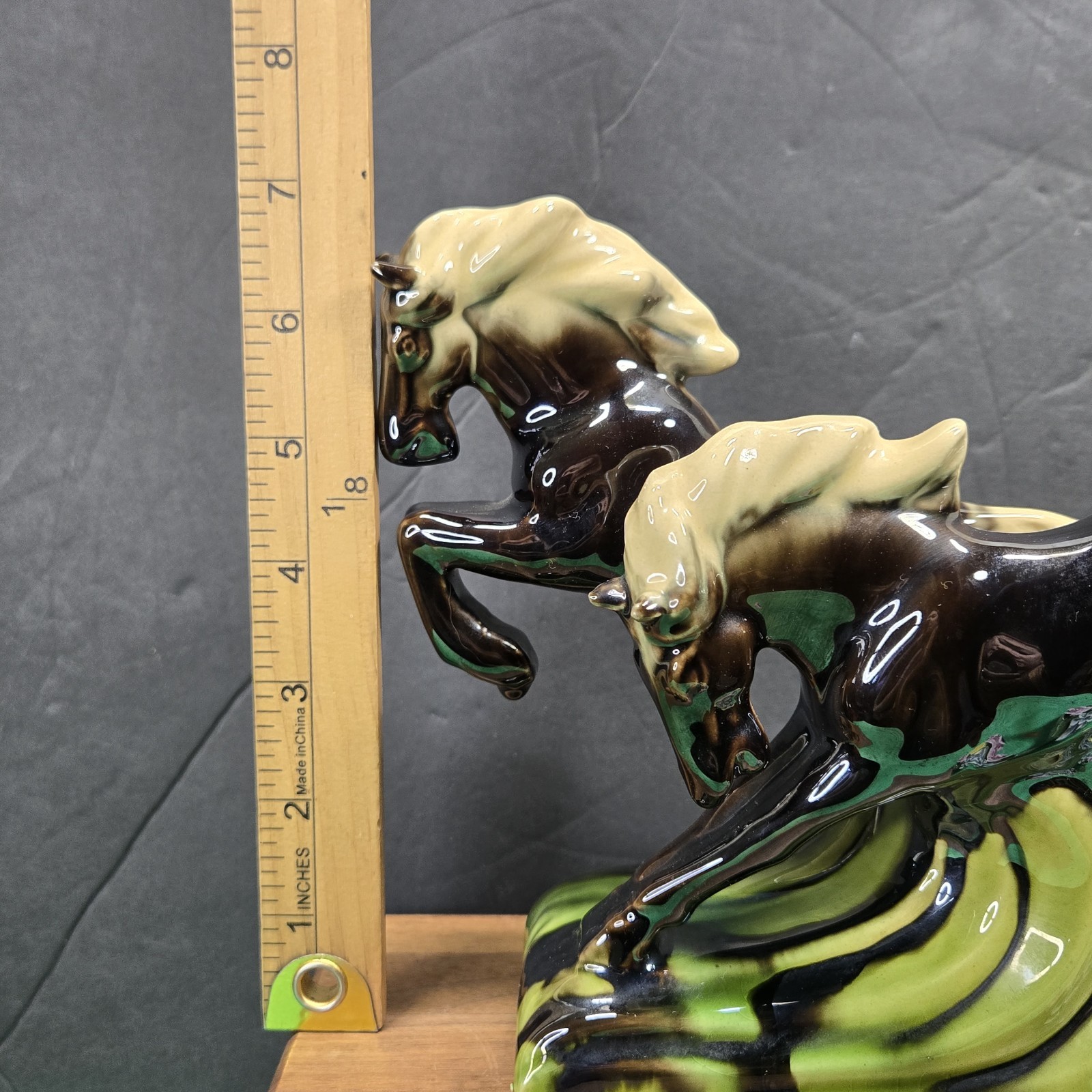 Double Horse Galloping Glazed Ceramic Figurine MCM Art Deco Black & Green Nice!!