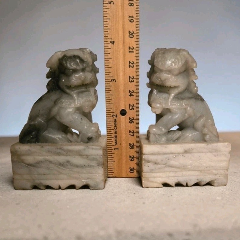 Chinese Pair Of Gray Marble Carved Soapstone Foo Dogs Guardian Lion Bookends 4″