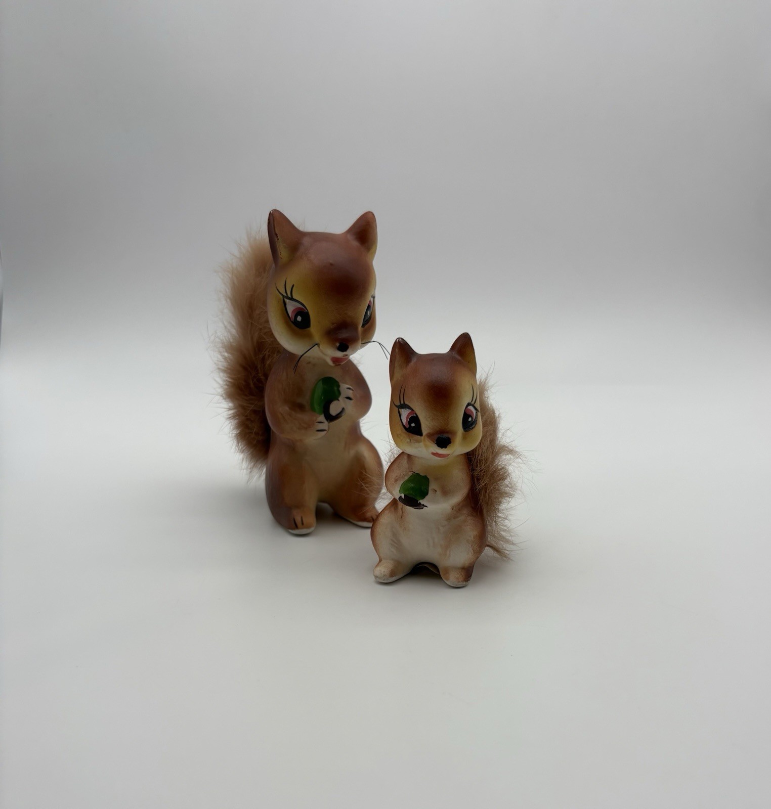 2 Vintage MCM Ceramic Squirrel Chipmunk Figurines Fur Tails 50s Baby Kitschy
