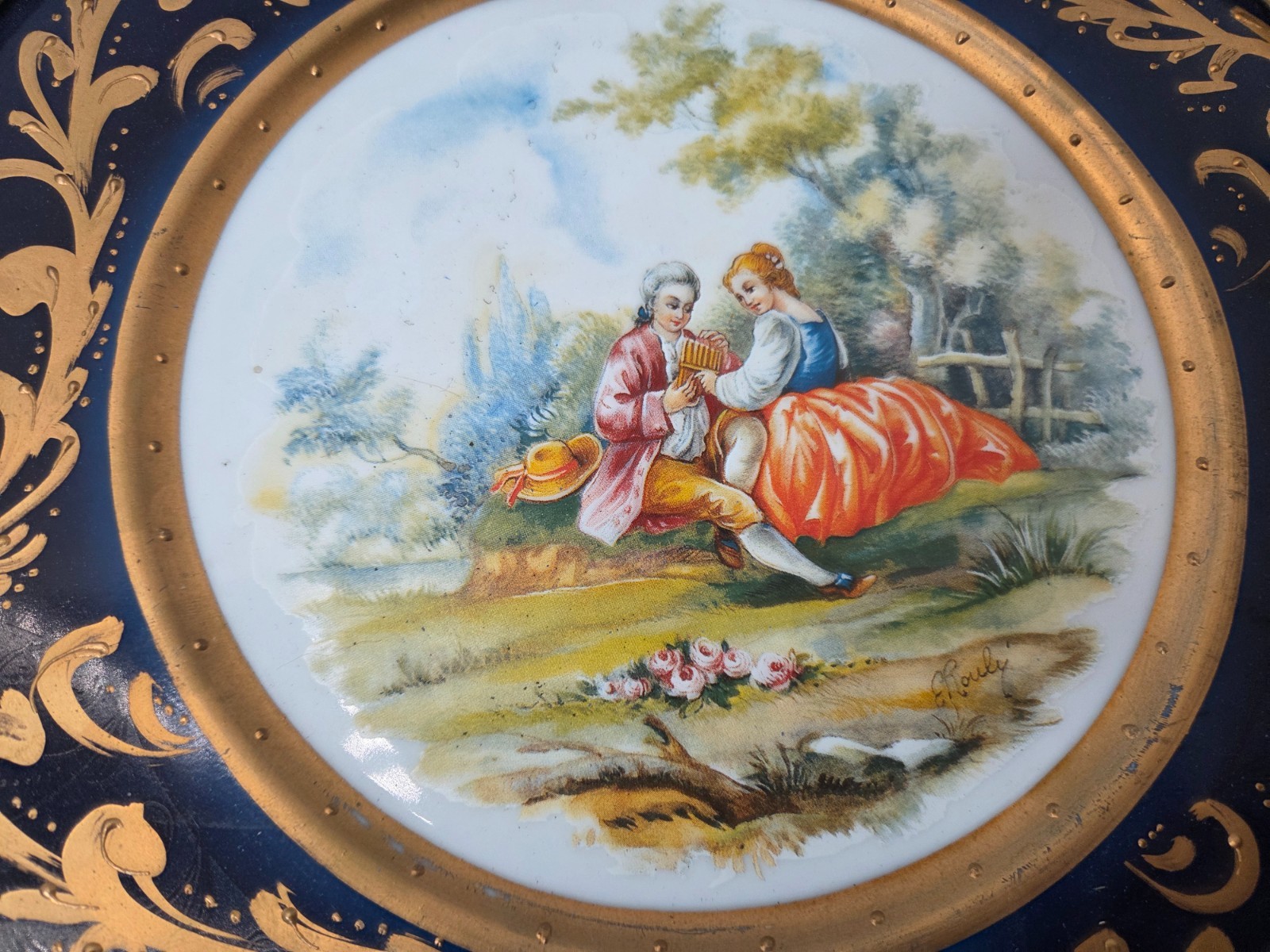 Pair of ornate Sevres style porcelain plate in brass Frame louis XVI wall plates