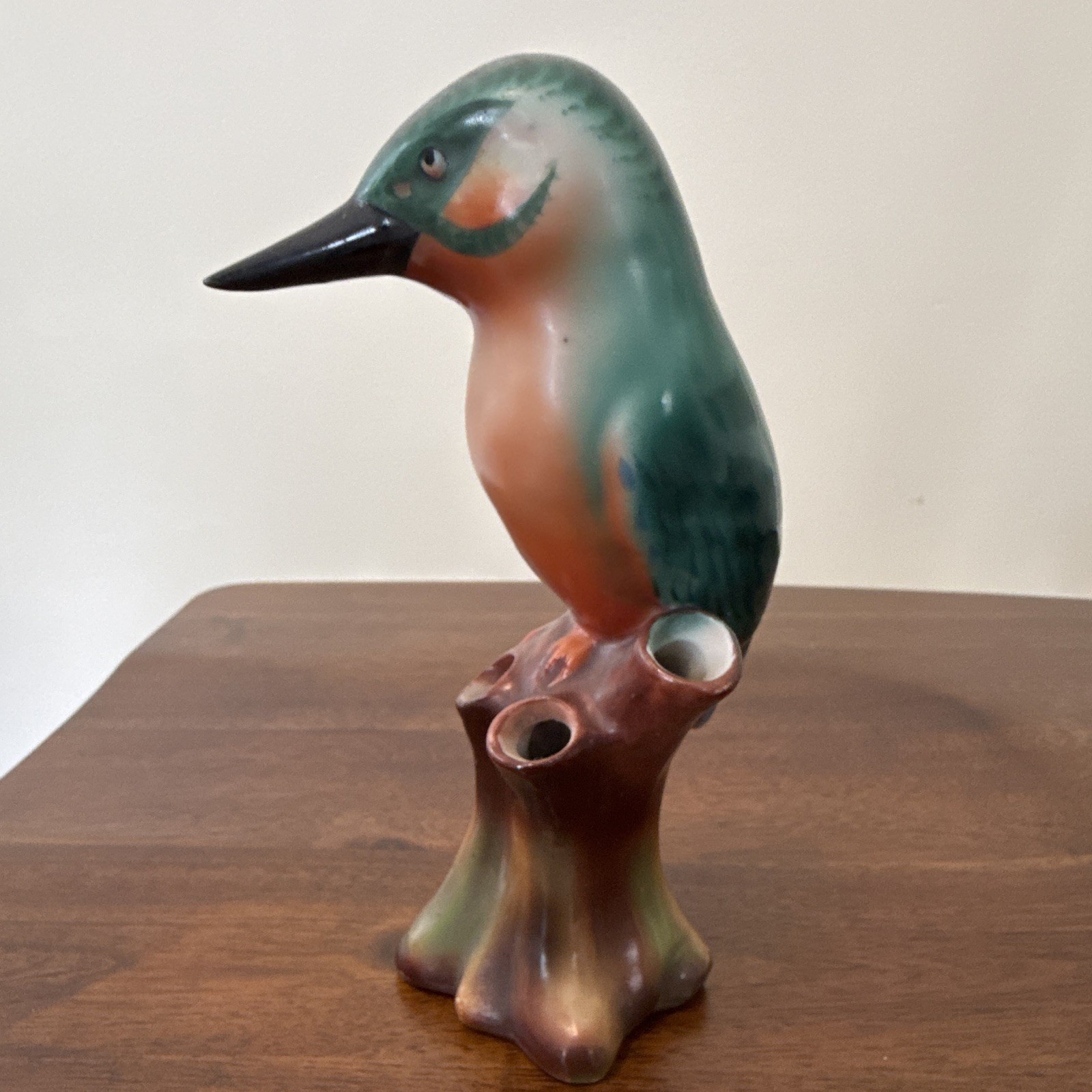 Hand Painted Ceramic Bird Figurine on Tree Stump Glossy 6.25in Signed “H”