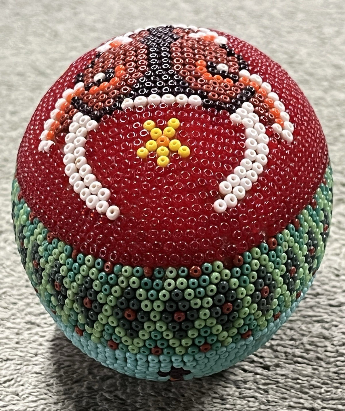 Large Romania Pysanka Glass Beaded Easter Egg Handmade Folk Art Bull Motif 3.5″