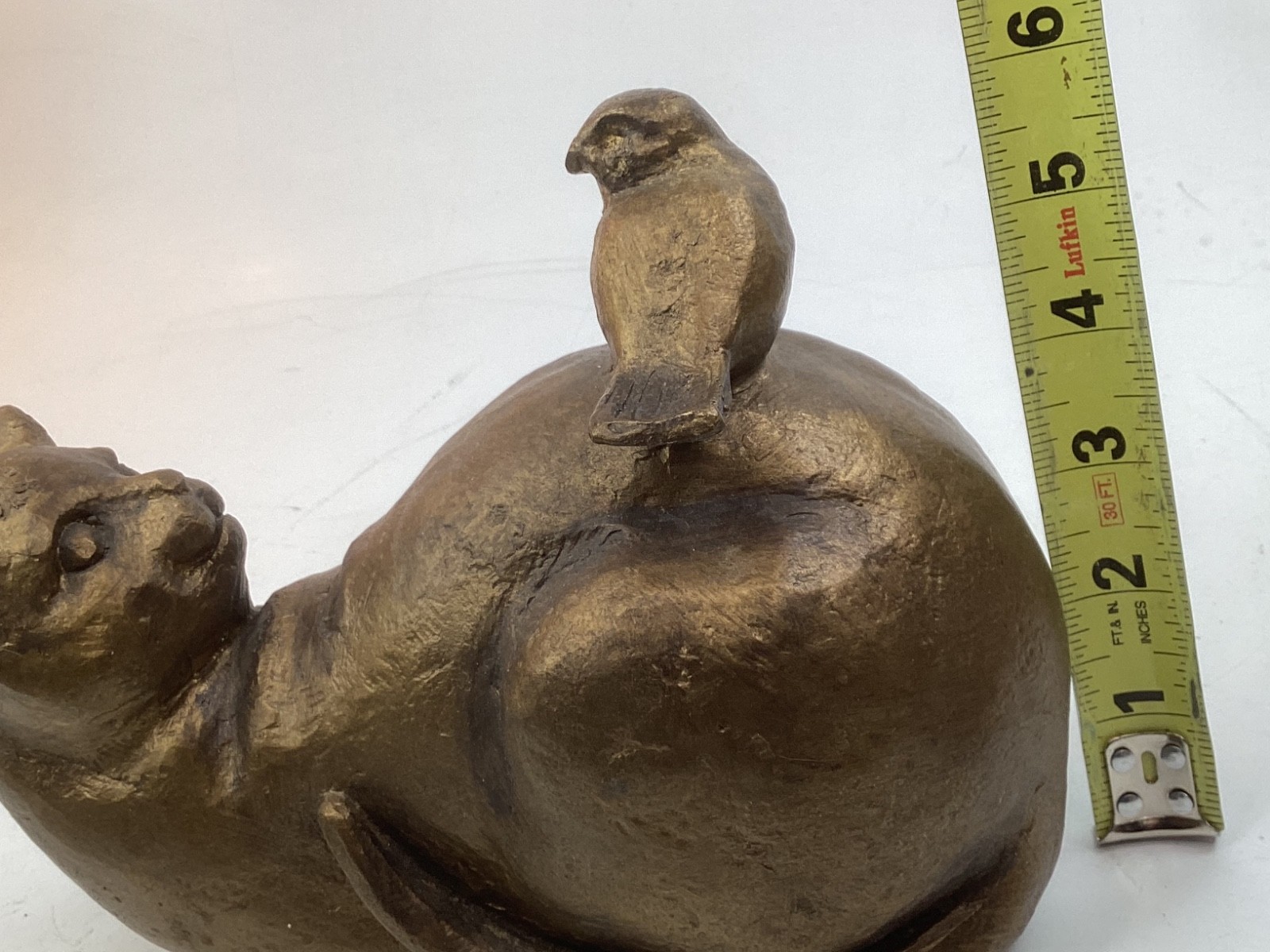 8” heavy Cat with Bird Statue Metal Sculpture (G1)