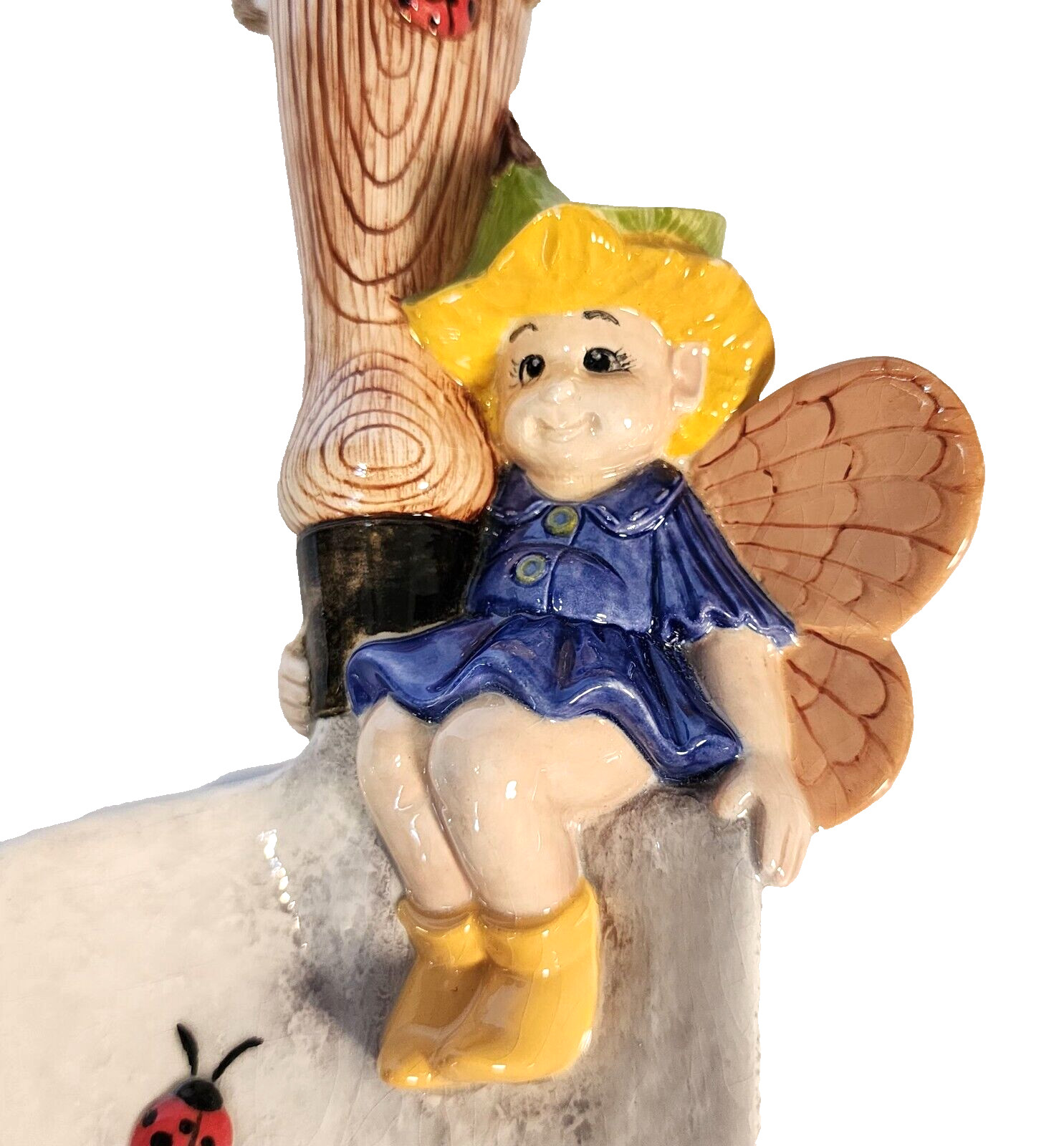 Vtg-Ceramic-Hanging-Garden Pixie-Sitting on top of aTrowel with Lady Bugs-Signed