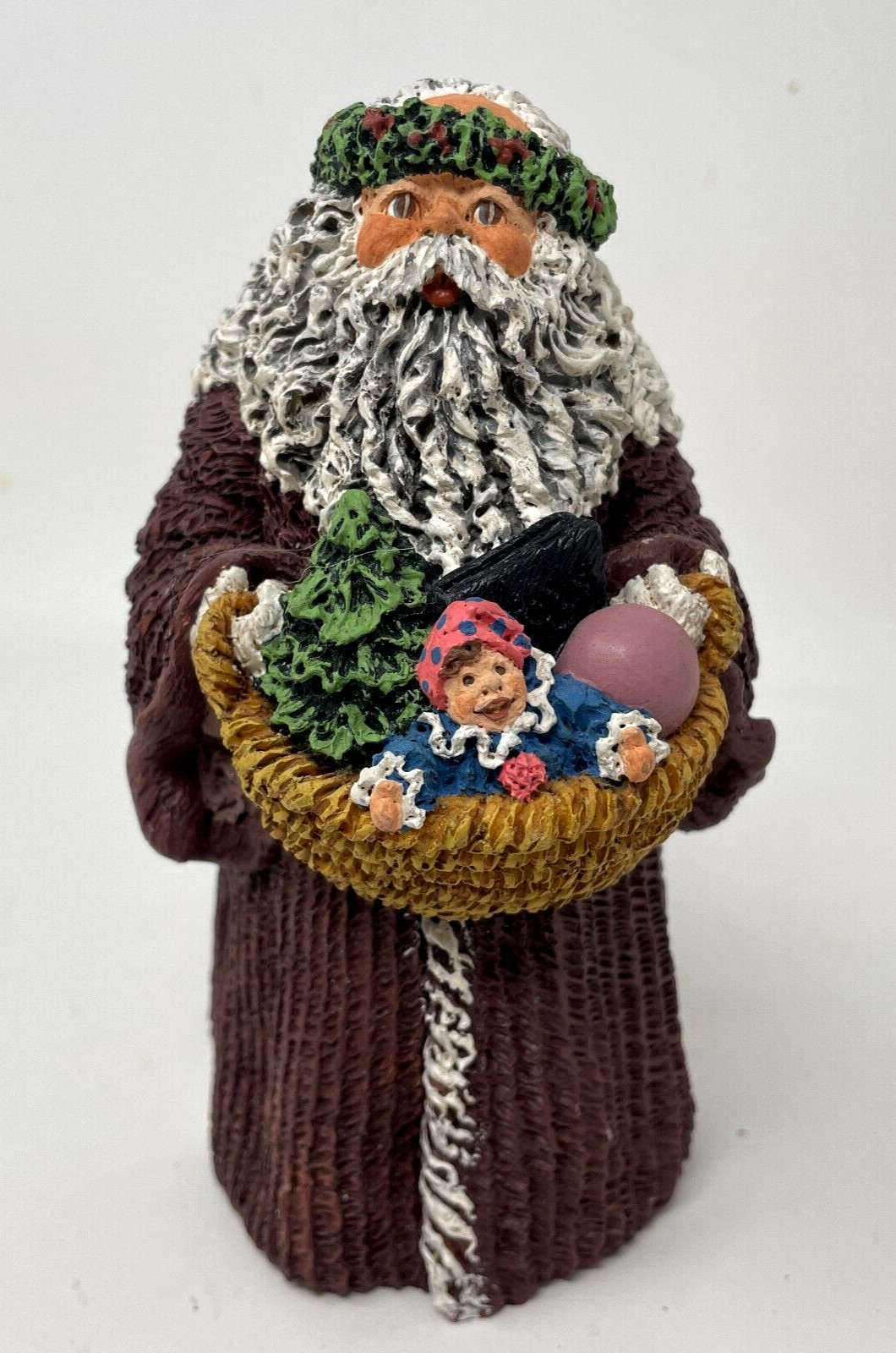 June McKenna Santa with Basket Figurine 1992 5.5in Painted Resin Christmas Decor