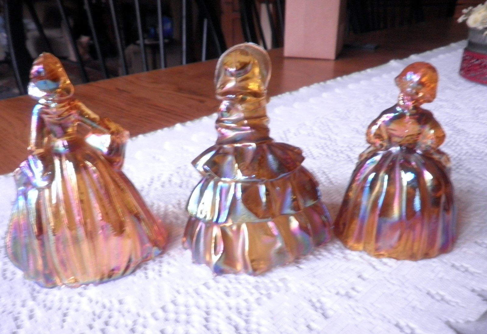 Set of 3 Wheaton Amber Carnival/Iridescent Glass Lady Figurines 5-5.25″