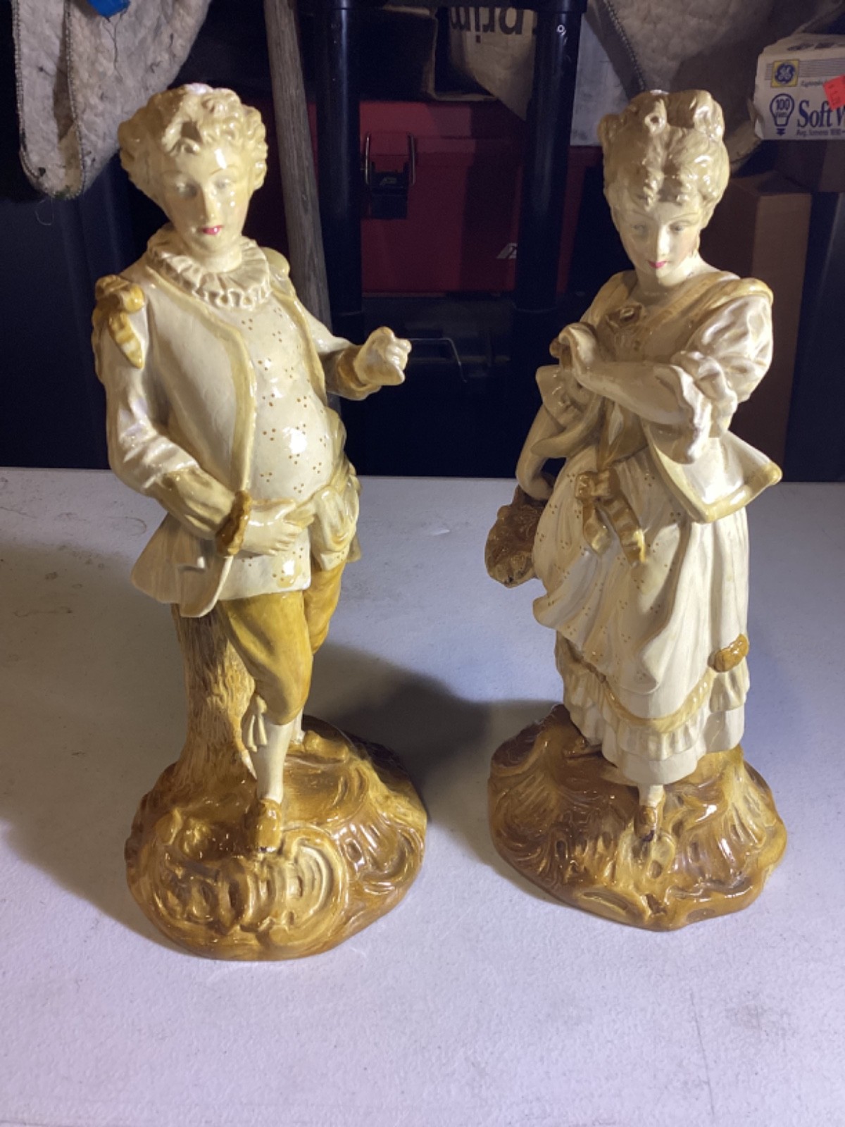 VTG Borghese Porcelain Figurines Woman with Basket of Flowers and Man 10”