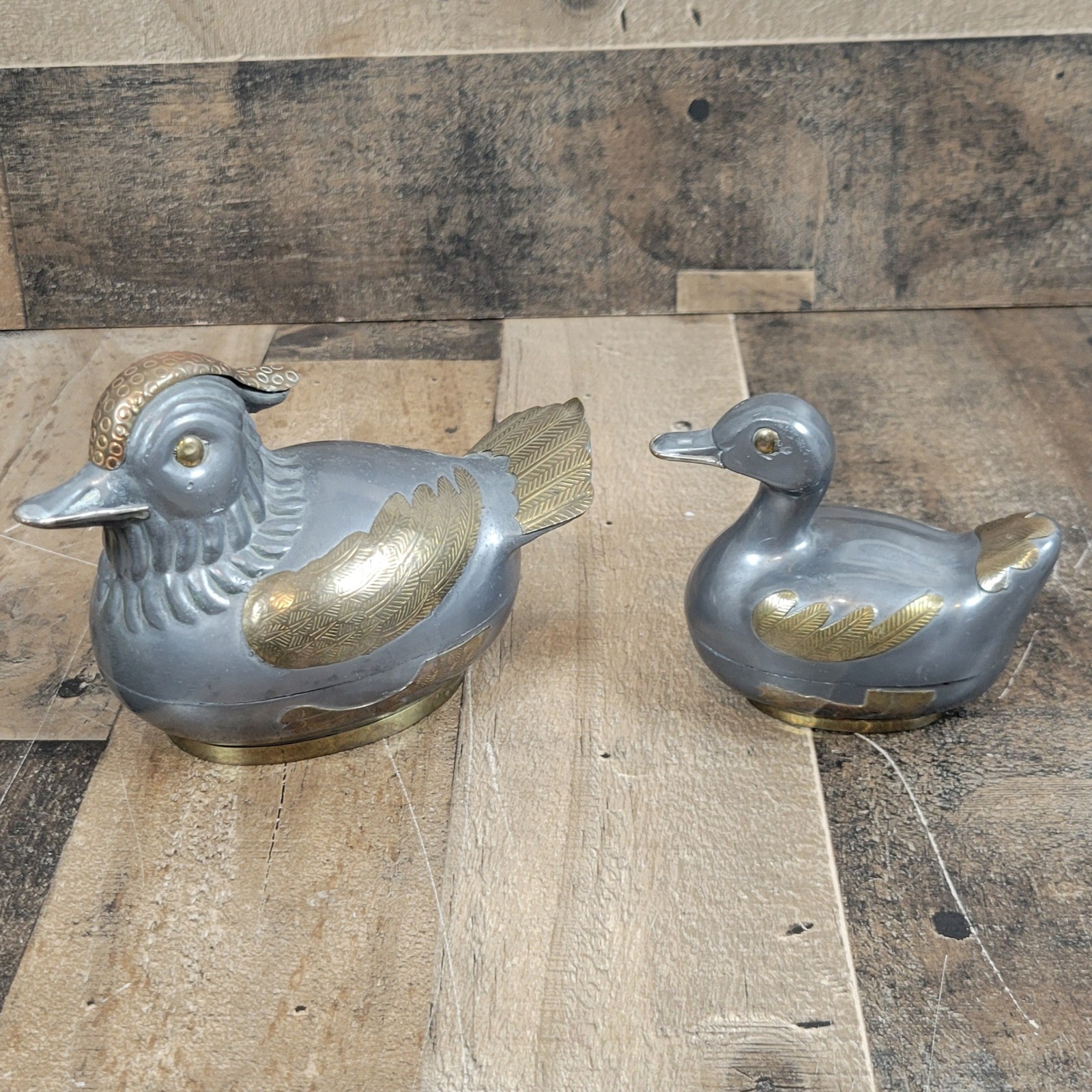 Vintage Pewter Brass Duck Figurine Trinket Box Orante Decor Set of 2 Hong Kong