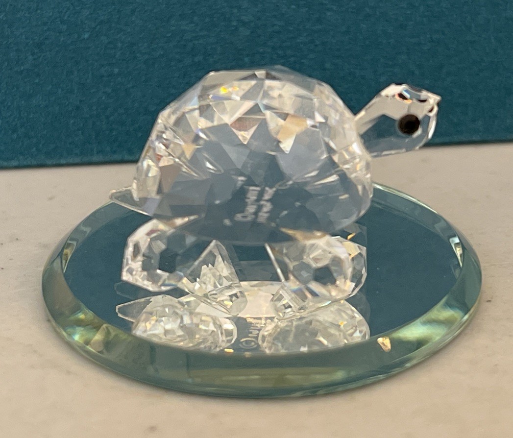 Swarovski Crystal Turtle Figurine Miniature Marked w/ Mirror Display Base 1”
