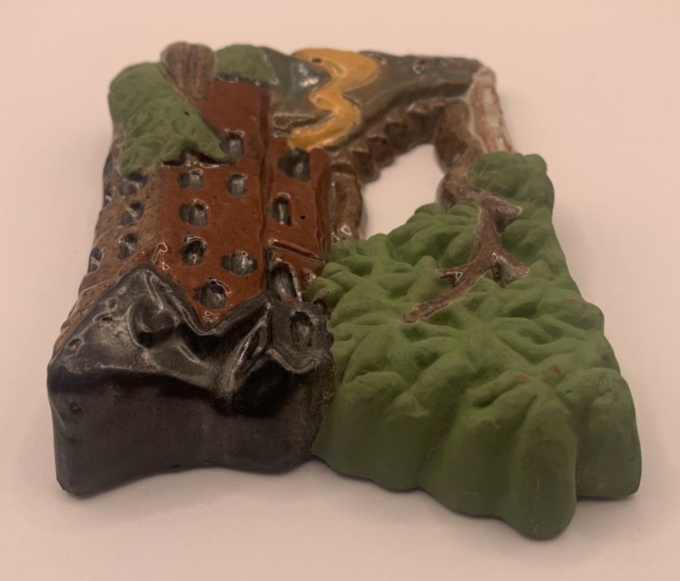 4.5″+Terracotta Glazed House & Tree Signed Busk County Brown Stone Building 3D