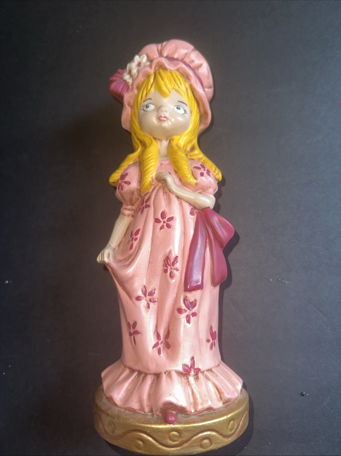 Vintage 12” Hand Painted 1970s Pink/purple Gown Dress Clay Ceramic Figurine