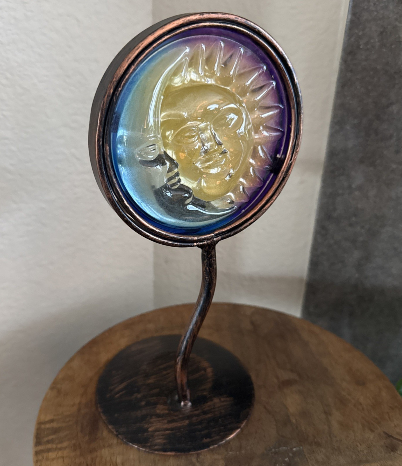 Vintage Celestial Copper Metal Glass Sun & Moon Candle Holder SCRATCH READ DESC
