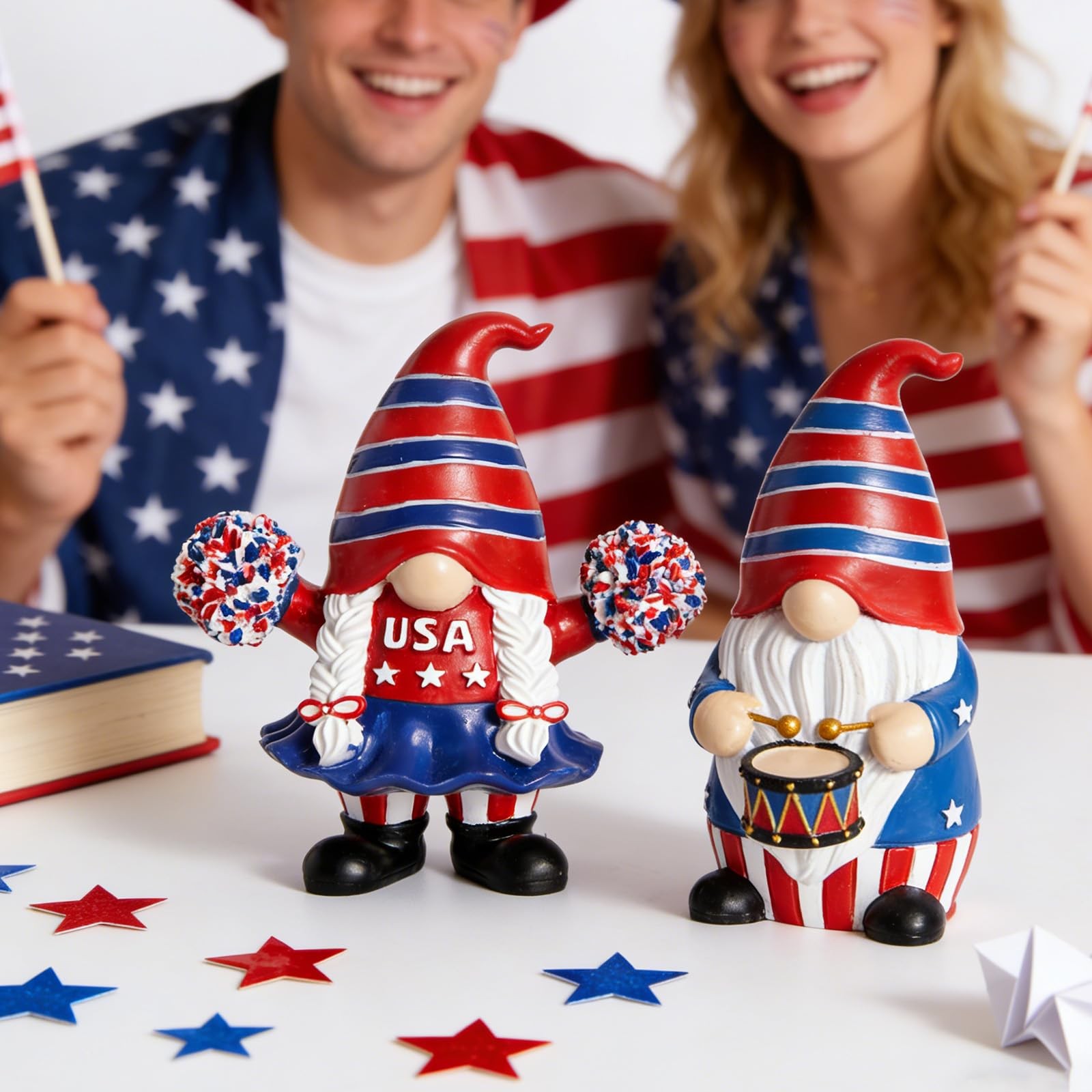 4th of July & Memorial Day Decorations, Patriotic Gnomes Decor Red Blue Resin…