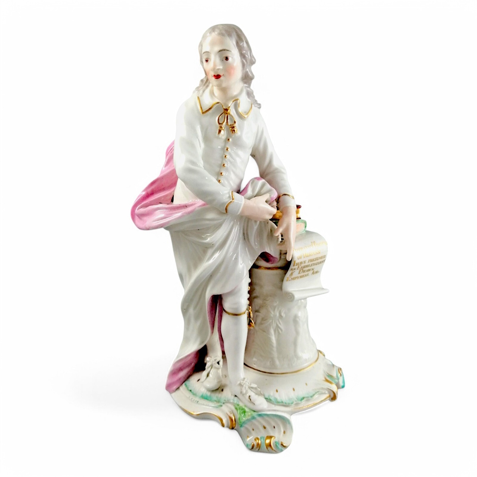 Early Derby porcelain figurine of John Milton with scroll, patch period, c. 1765