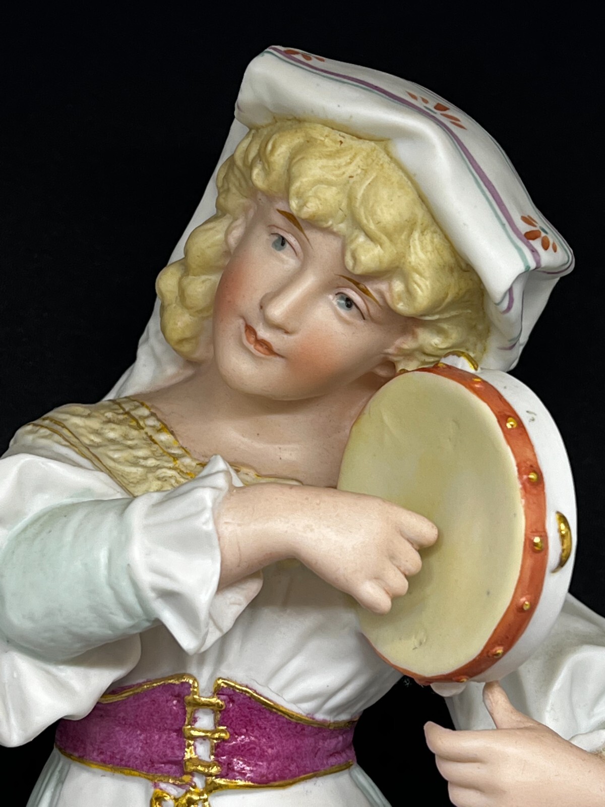 Gebruder Heubach-German Bisque-A Girl Holding & Playing Her Tambourine 14 1/2″