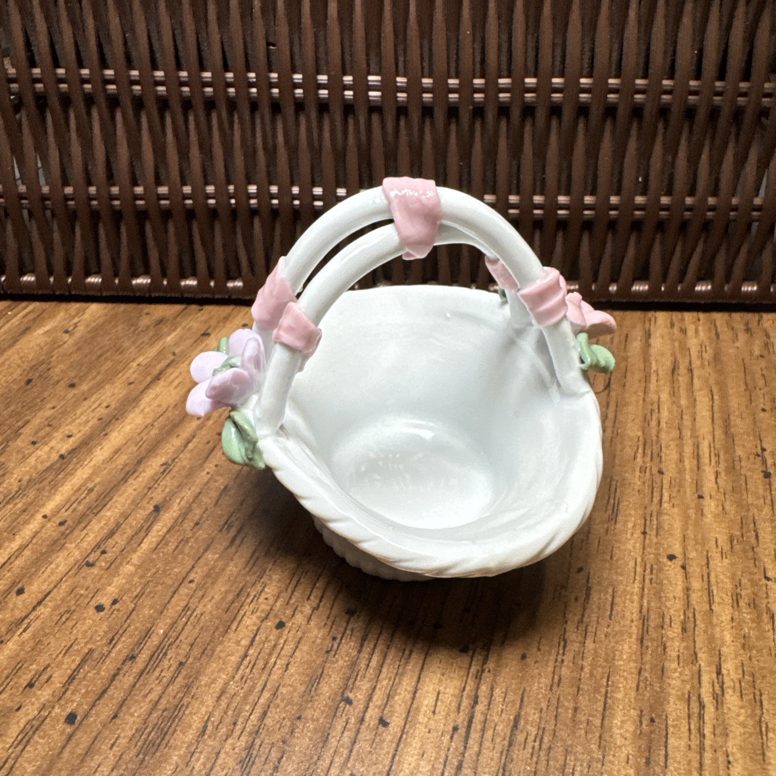 PORCELAIN BASKET OF FLOWERS glossy finish 3″ x 3.5″ In perfect shape!