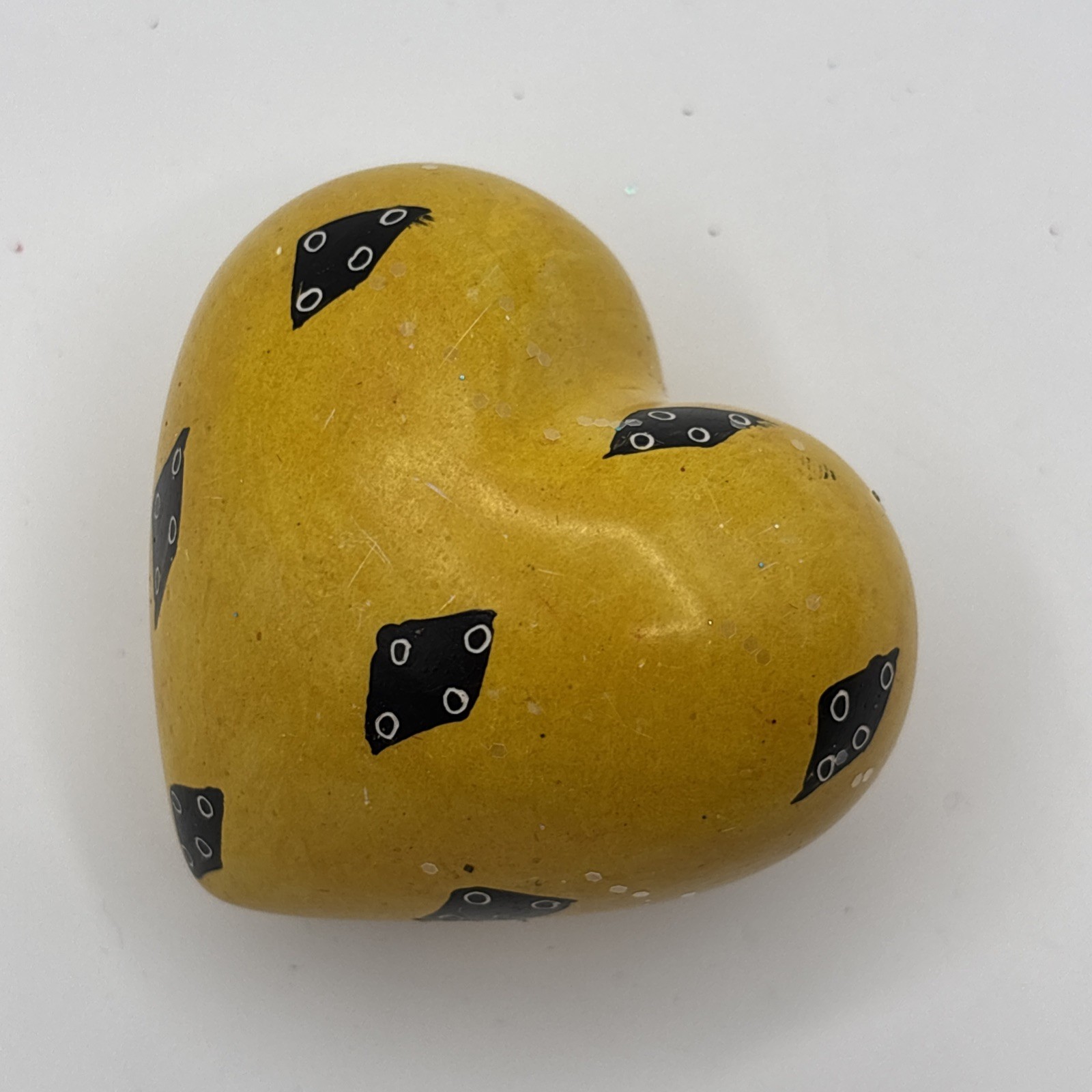 Solid Yellow Black Hand Carved and Painted Soapstone Heart (2 inch) Soap Stone