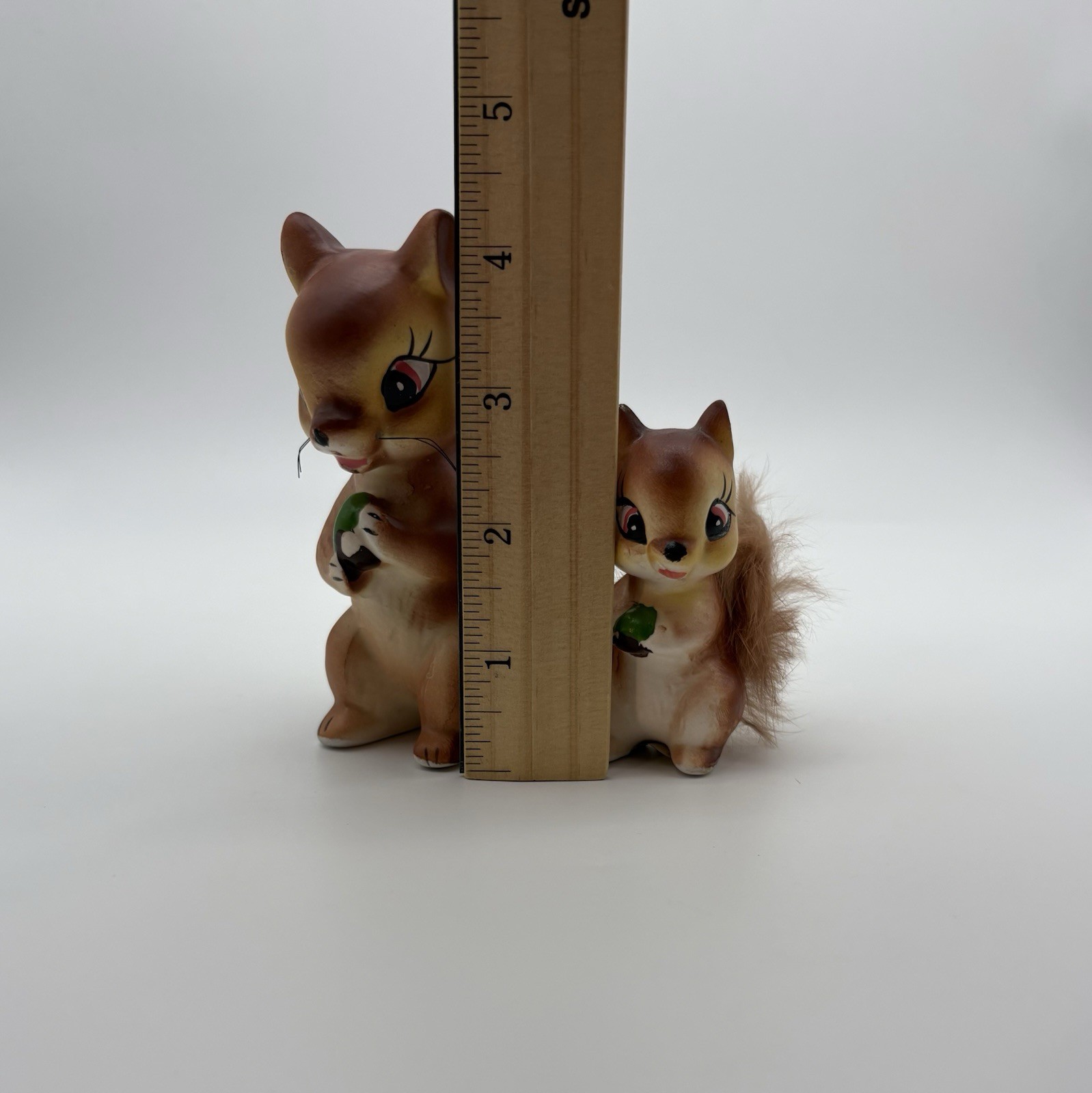 2 Vintage MCM Ceramic Squirrel Chipmunk Figurines Fur Tails 50s Baby Kitschy