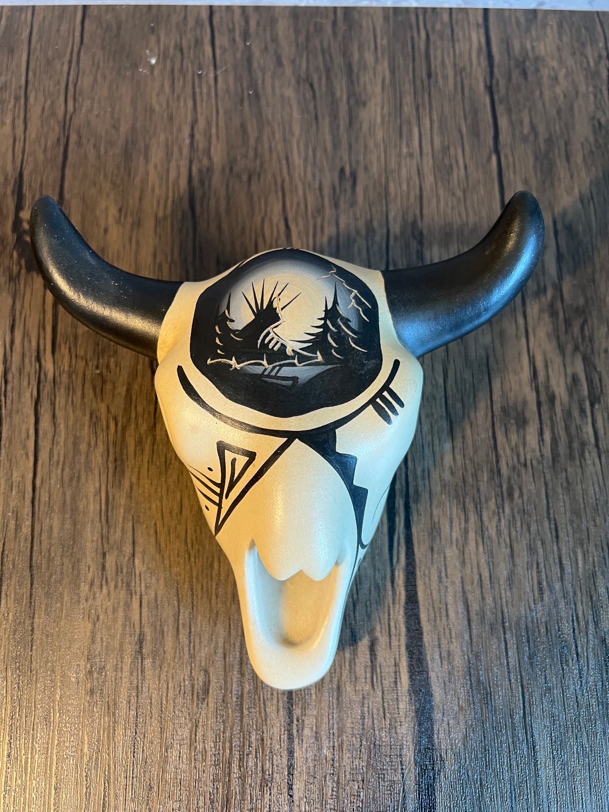 Vintage navajp Ceramic Steer Skull Wall Decor Signed Yazzie Dineh Sgraffito Art
