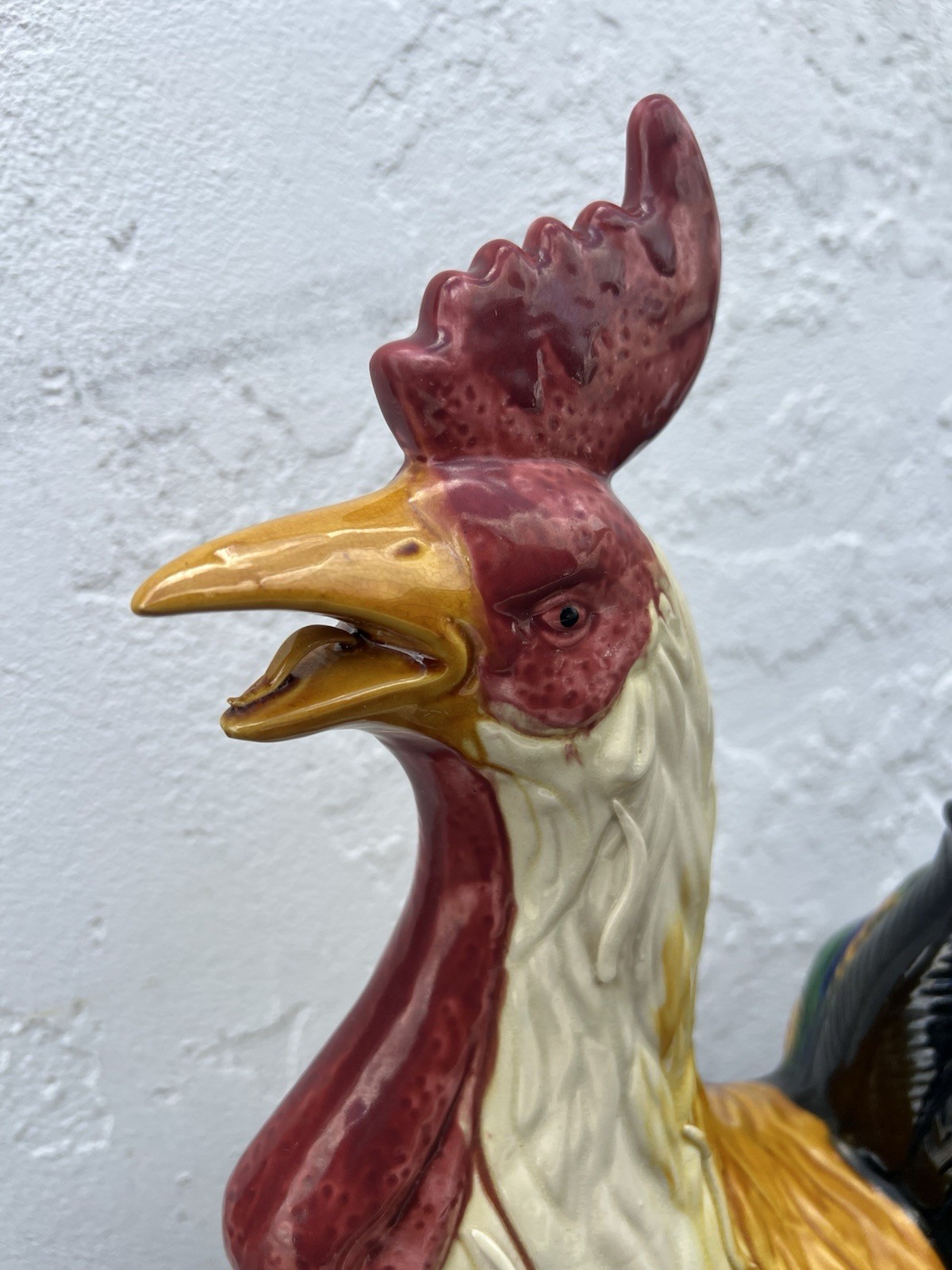 Vintage 12” Multi Color Ceramic Rooster Figurine with Classic Majolica Glaze