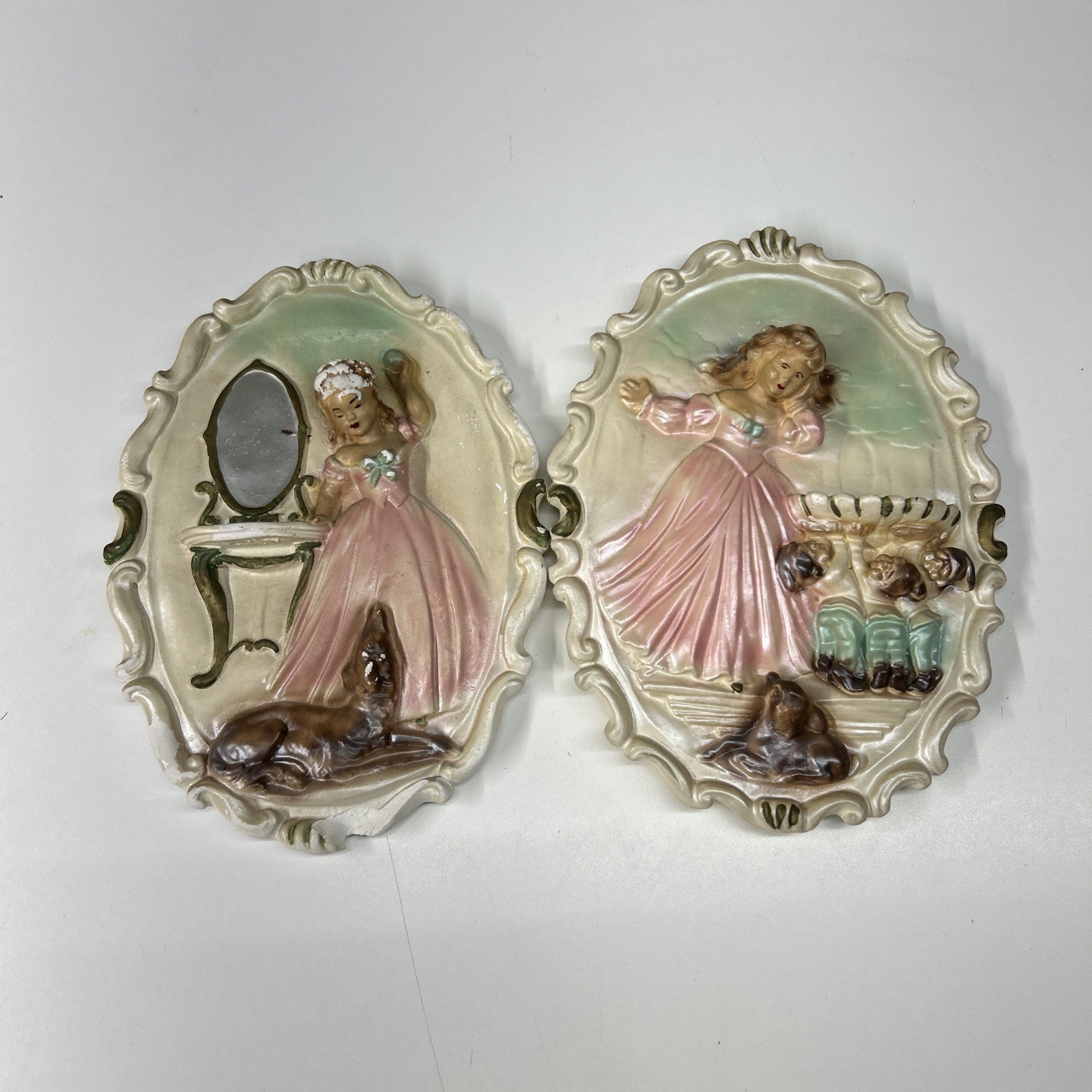 Vtg 3D Chalkware Wall Plaques Girl w/Mirror Dog Elves & Deer Set Of 2 Vanity