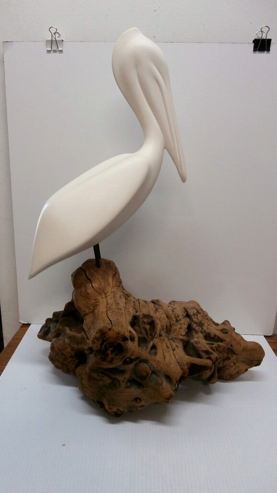 Vintage 24″ John Perry Sculpture Burlwood Driftwood White Pelican Resin