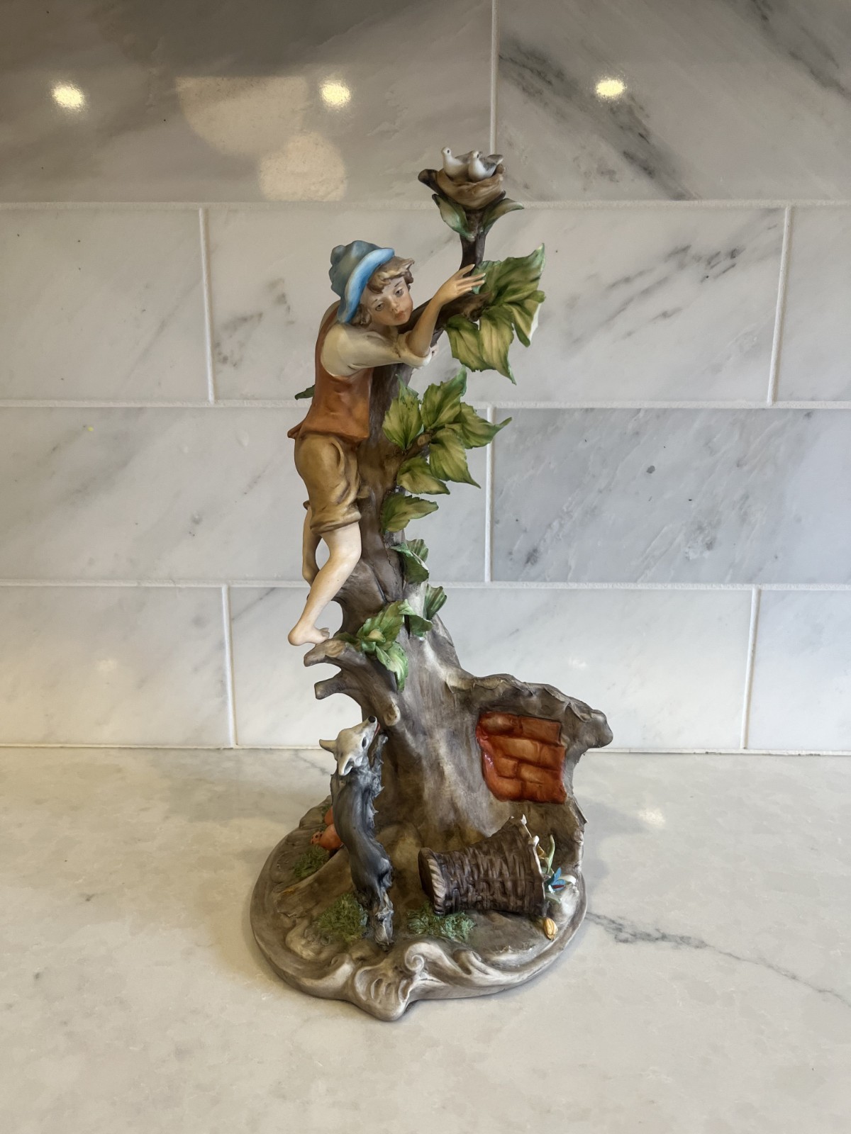 Italian Porcelain Figurine Boy Tree Wolf Capodimonte Style Large Ethan Allen