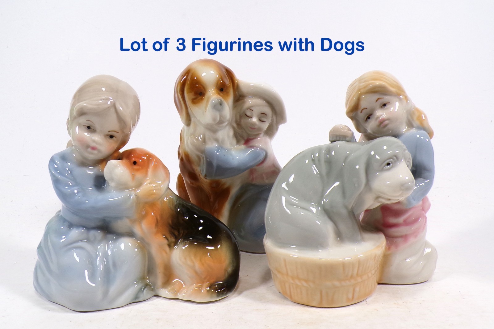 Girl & Dog Lot of 3 Collectible Figurines 4″H Blue Beige Brown Porcelain