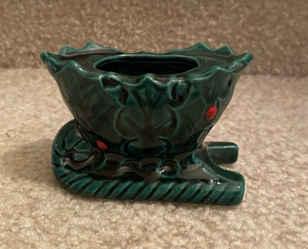 Lefton Green Holly Berry Small Ceramic Sleigh Toothpick Holder #1693 FREE SHIP