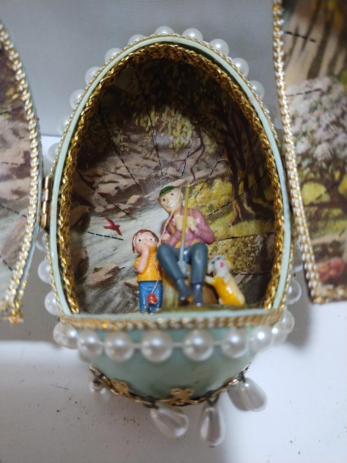 Vintage Diorama Easter Egg Man Fishing W/Child Dog Hinged Door Beaded Goose Egg