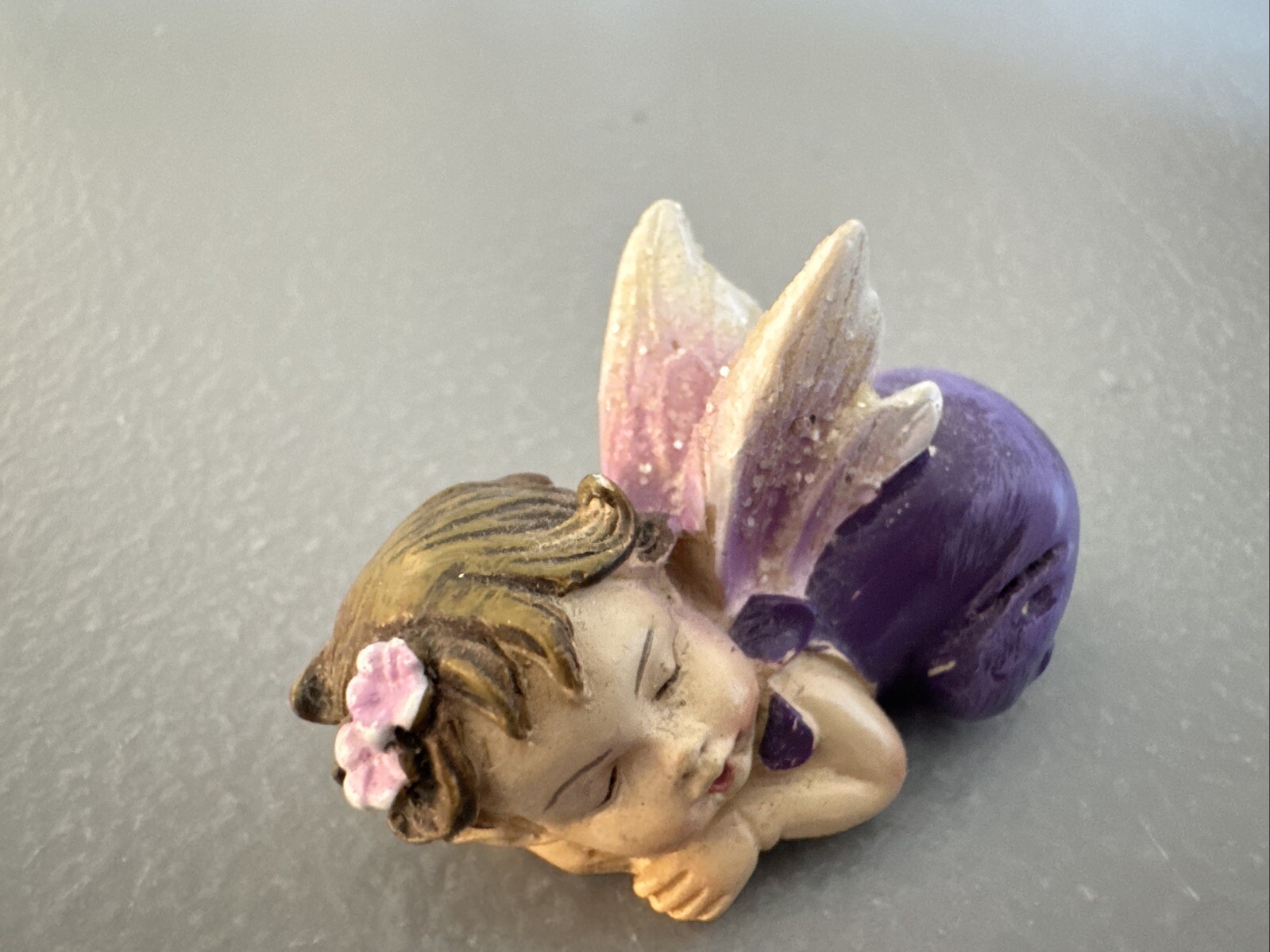 Tiny Baby Girl Angel Figurine Purple Angel Wings Pink Flowers Fairy Garden