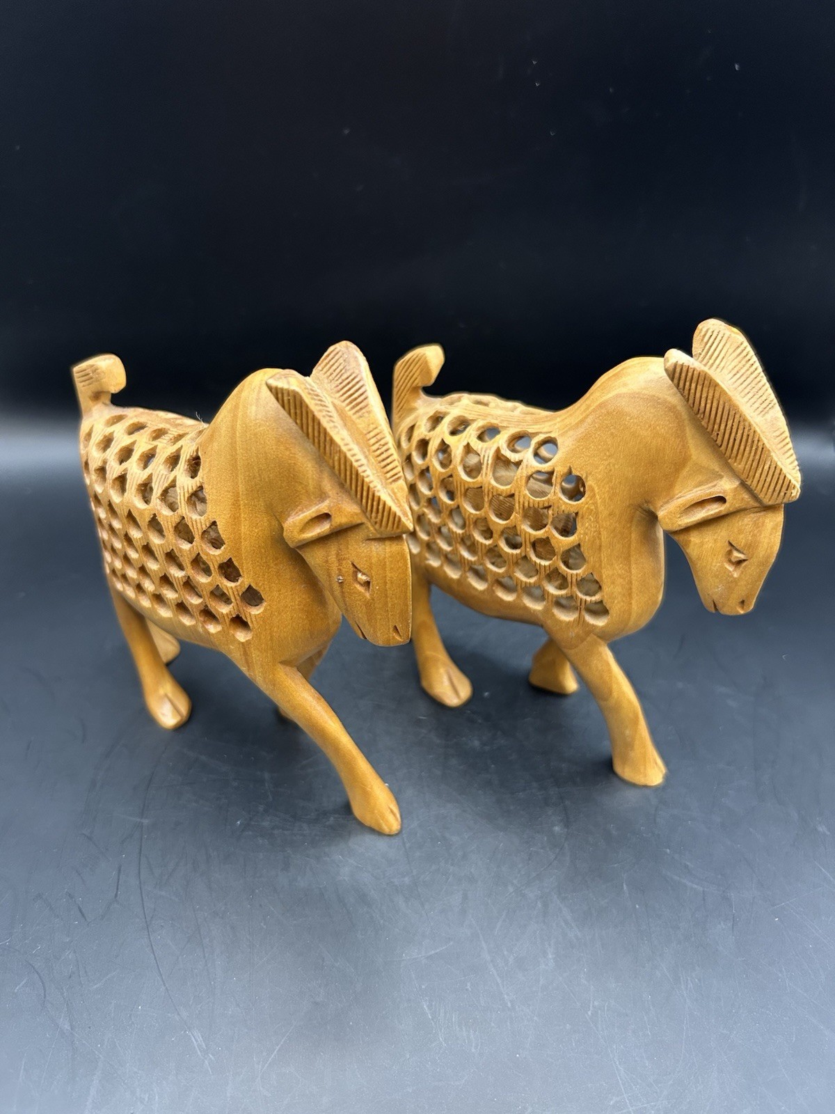 Vintage Lavanshi Kadamba Wooden Undercut Deer Showpieces, Set Of 2 Hand carved