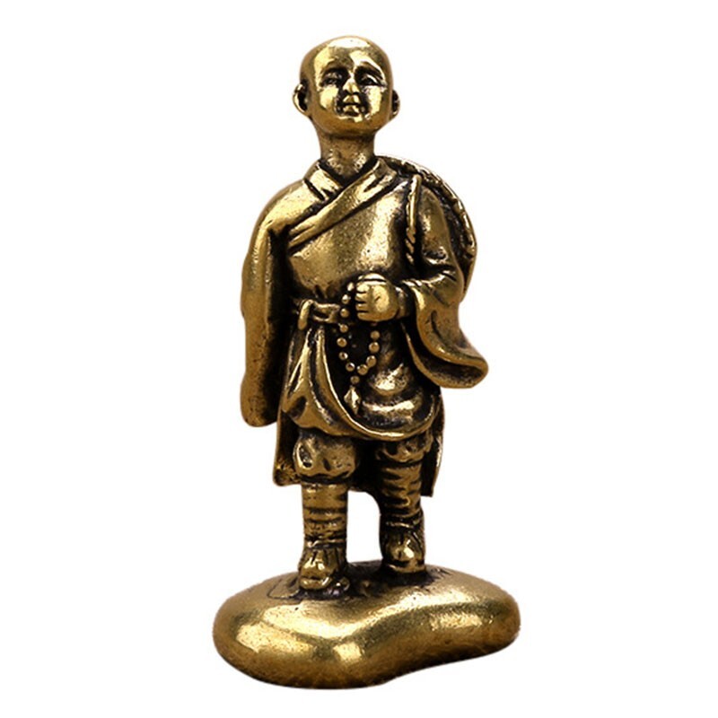 Solid Brass Monk Figurine Small Statue House Office Table Decoration Tea Pet